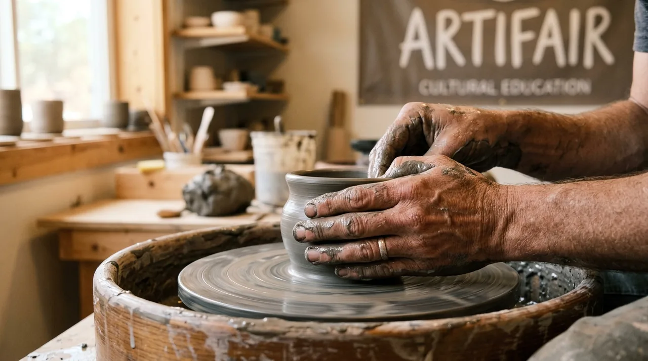 Geste précis de l'artisan bénévole enseignant le tournage d'une poterie à un jeune adhérent